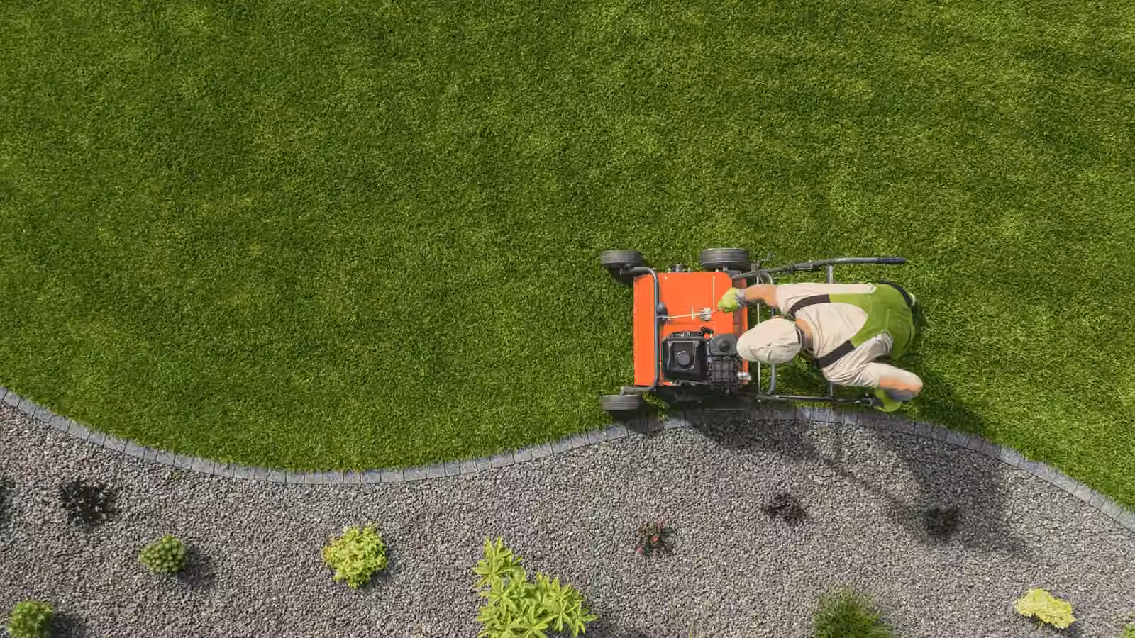 Gepflegter Garten mit blühenden Beeten und Rasen